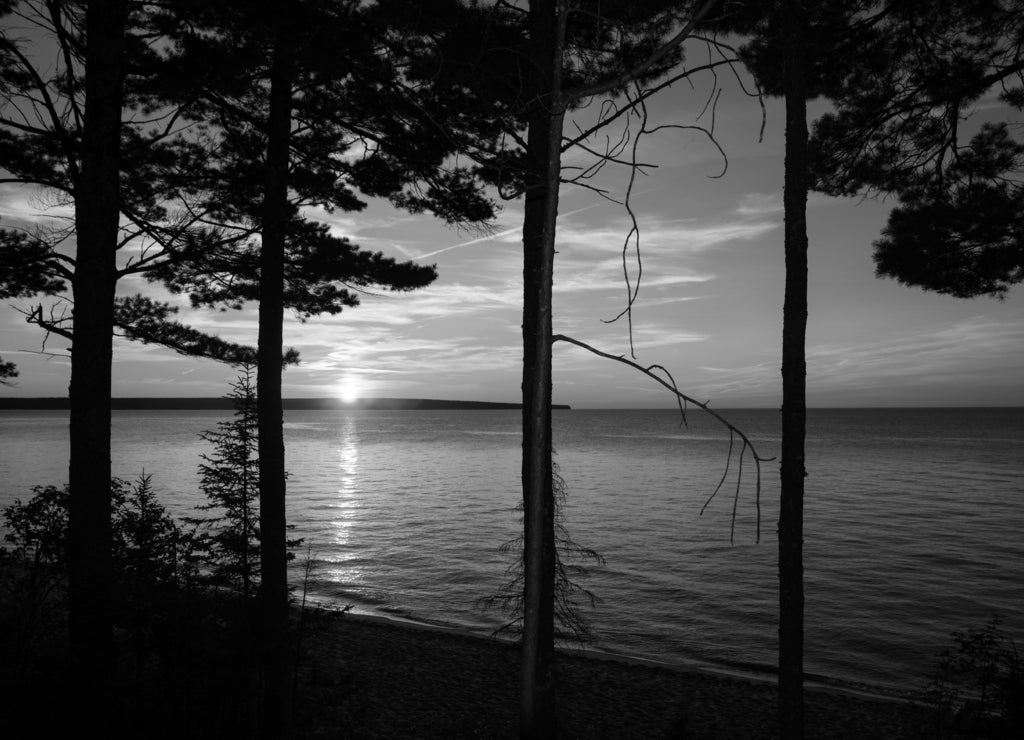 Sunset at Miners Beach, Pictured Rocks National Lakeshore, Munising, Michigan in black white