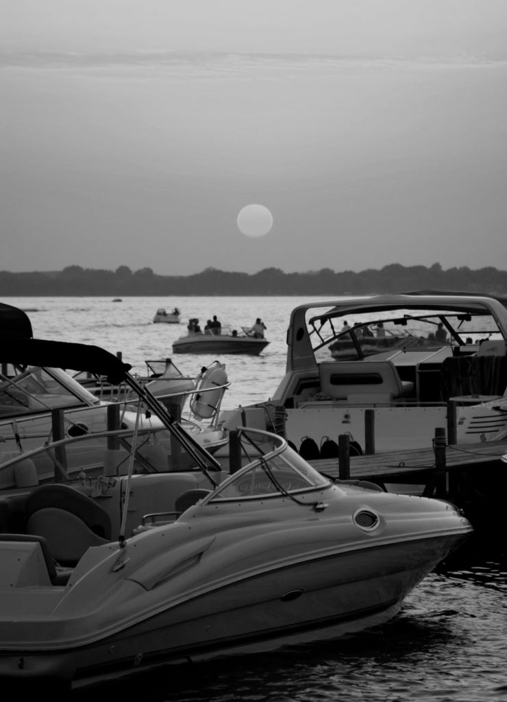 Boats at Okoboji Sunset, Dickinson County Iowa USA in black white