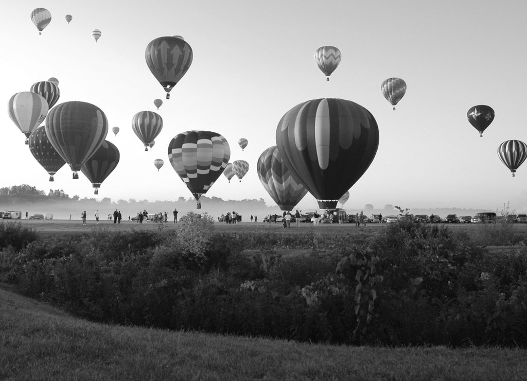 Morning balloon launch in Queensbury, New York in black white