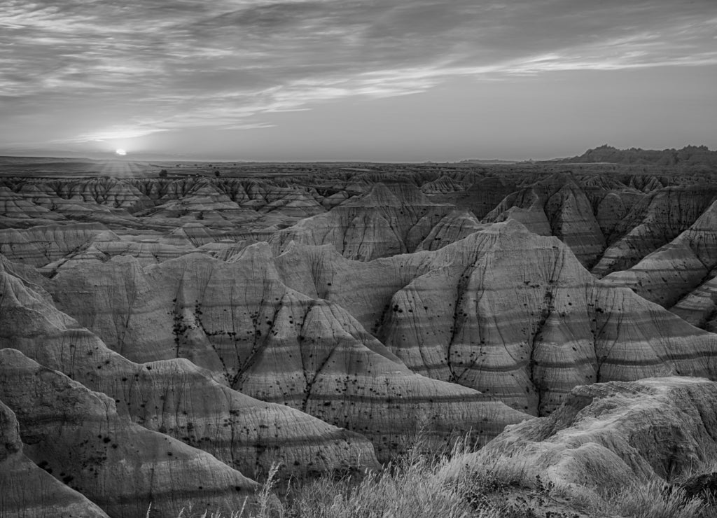 Badlands South Dakota Sunset in black white