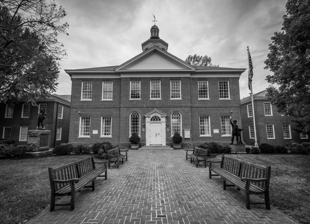The Talbot County Courthouse, in Easton, Maryland in black white