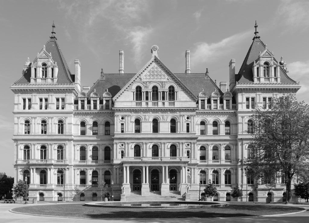 New York State Capitol, Albany, New York, USA. This building was built with Romanesque Revival and Neo-Renaissance style in 1867 in black white