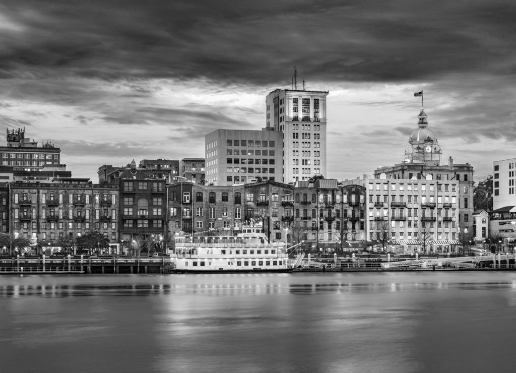 Savannah, Georgia, USA Skyline in black white