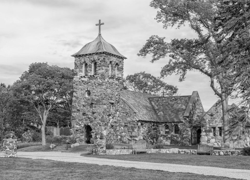 St Anne church, Kennebunkport Maine in black white