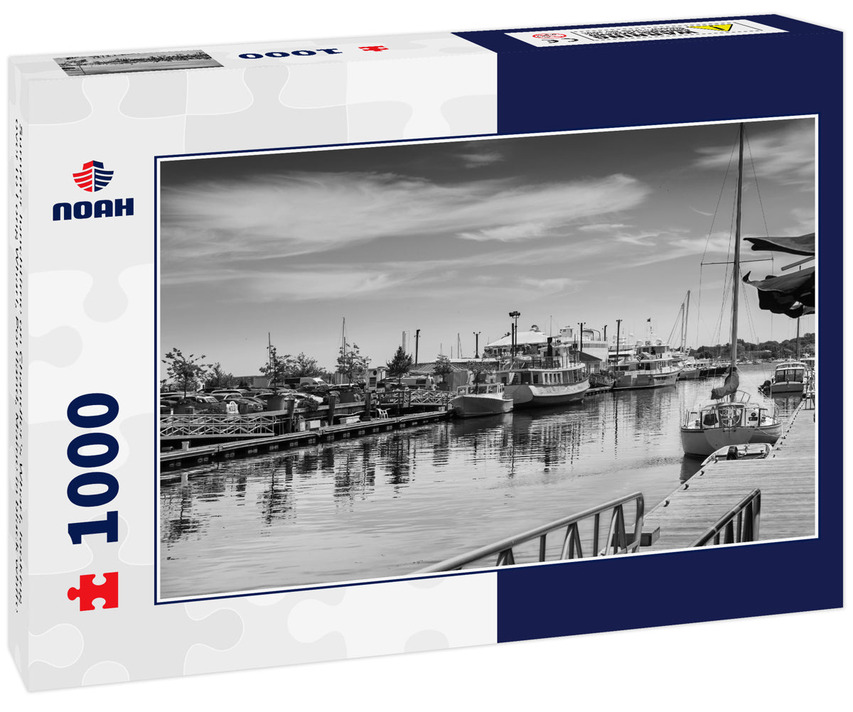 Summer lunchtime on Chandler's Wharf, looking over to Long Wharf, Portland, Maine in black white