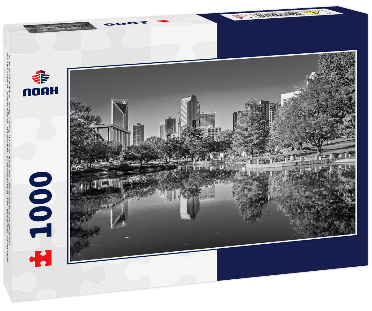 Charlotte city skyline from marshall park autumn season North Carolina in black white