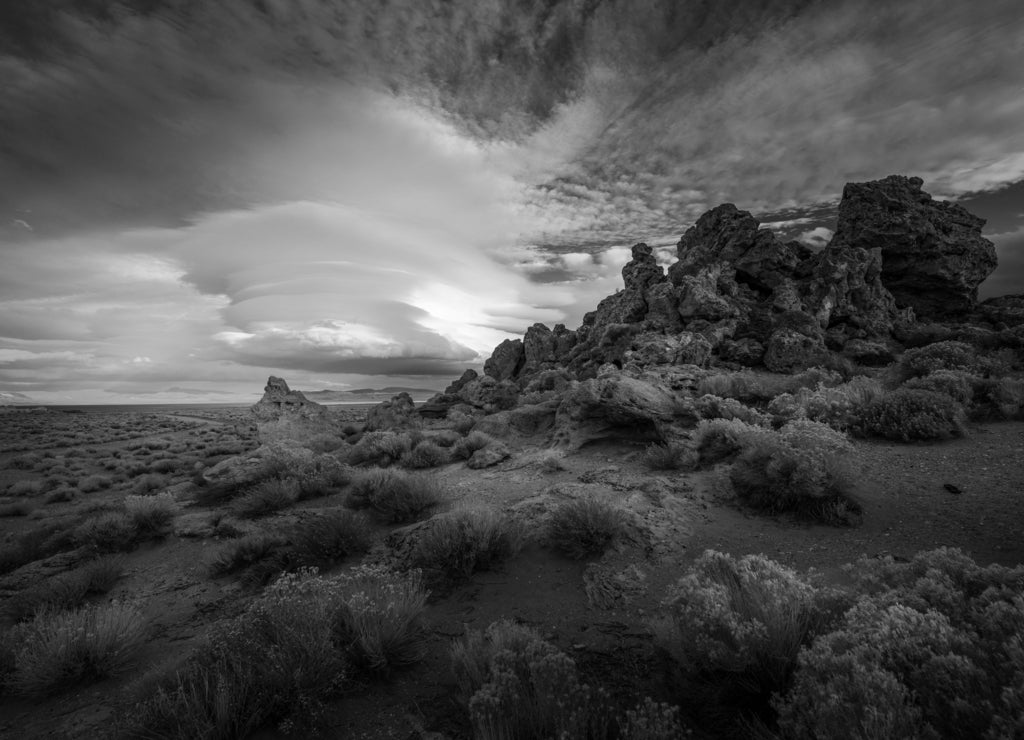 Pyramid Lake Nevada Tufas at Sunset Panorama in black white