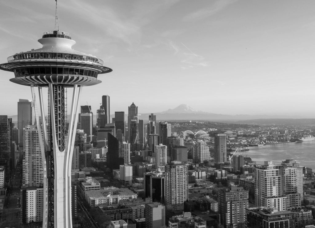 Seattle Skyline at Sunset with Space needle, Washington in black white