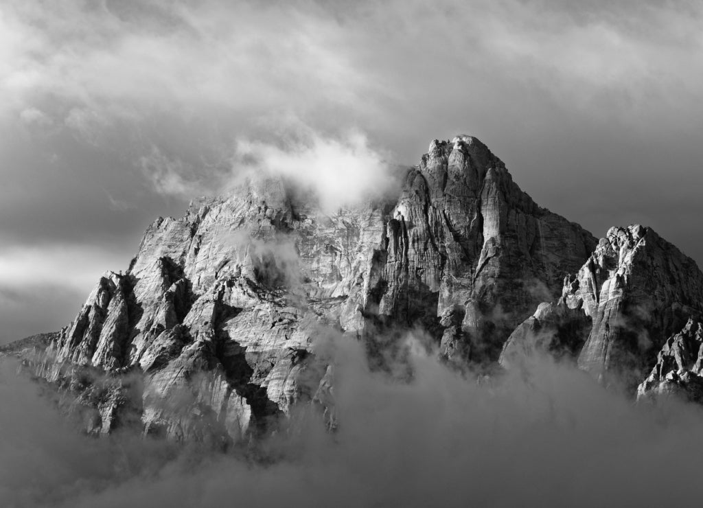 Sunny Mountain Top in the Clouds at Red Rock Canyon, Nevada in black white
