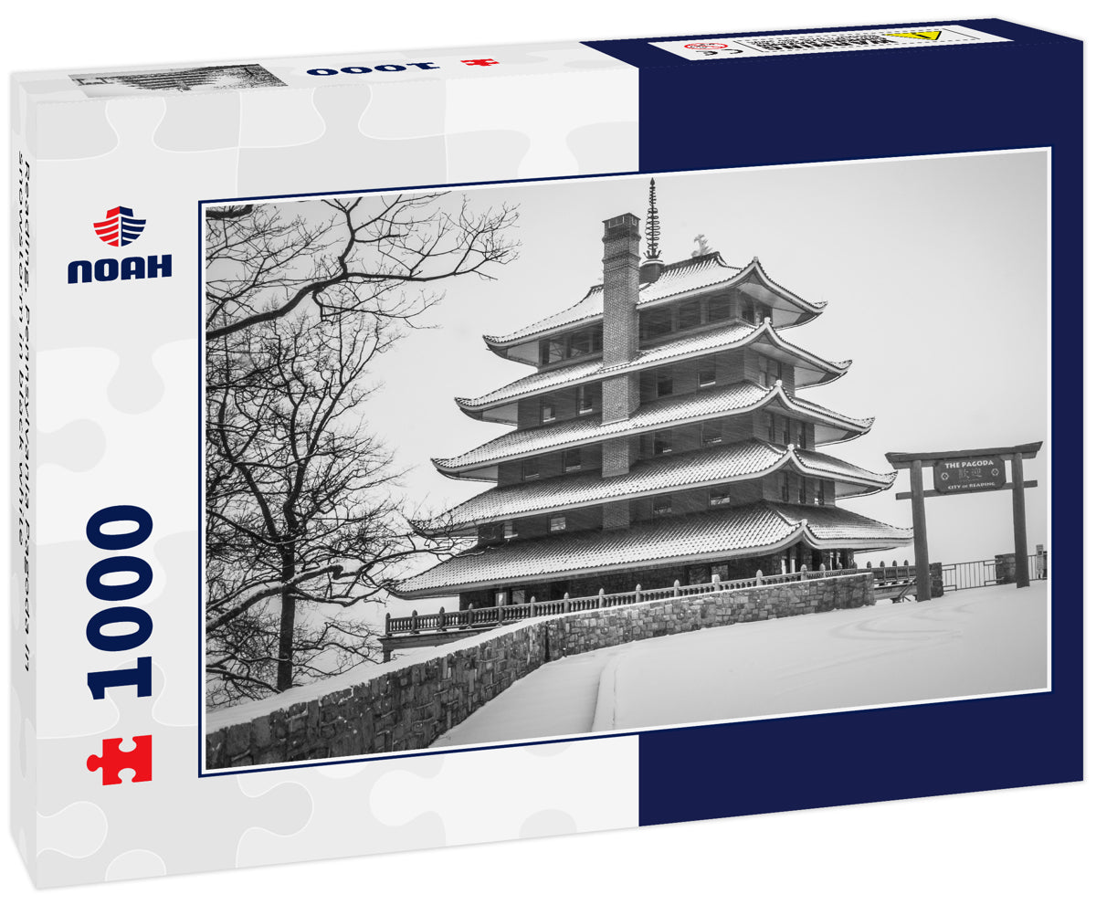 Reading, Pennsylvania Pagoda in snowstorm in black white