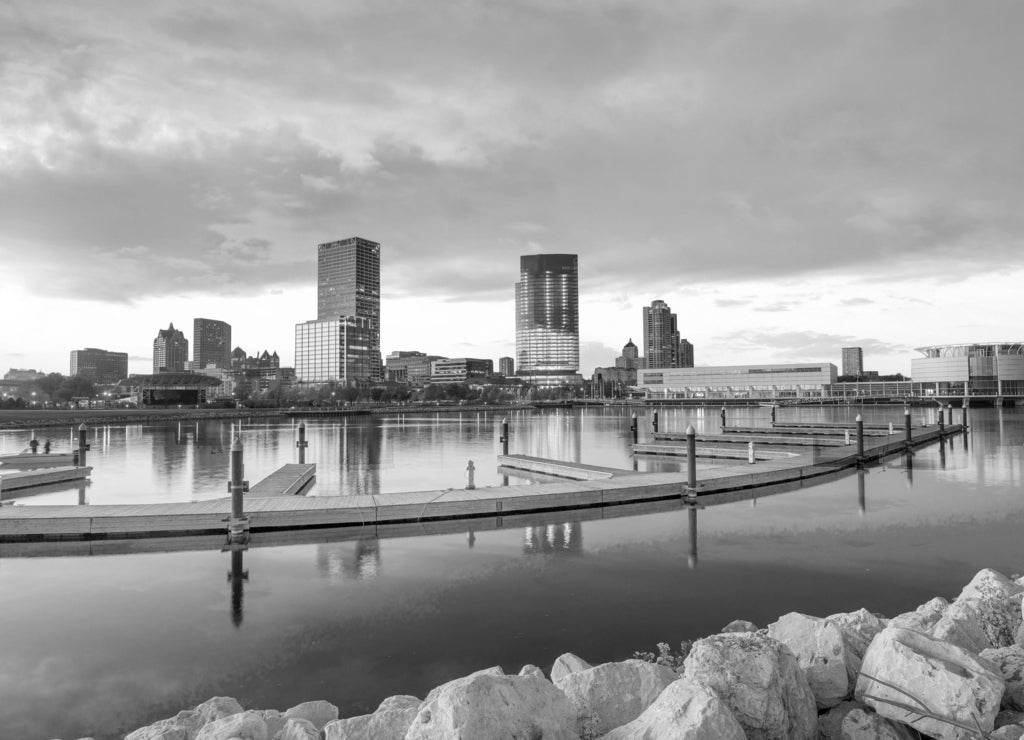 Milwaukee skyline, Wisconsin, USA in black white