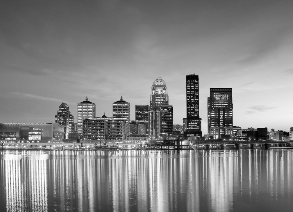 View of Skyline downtown Louisville Kentucky in black white