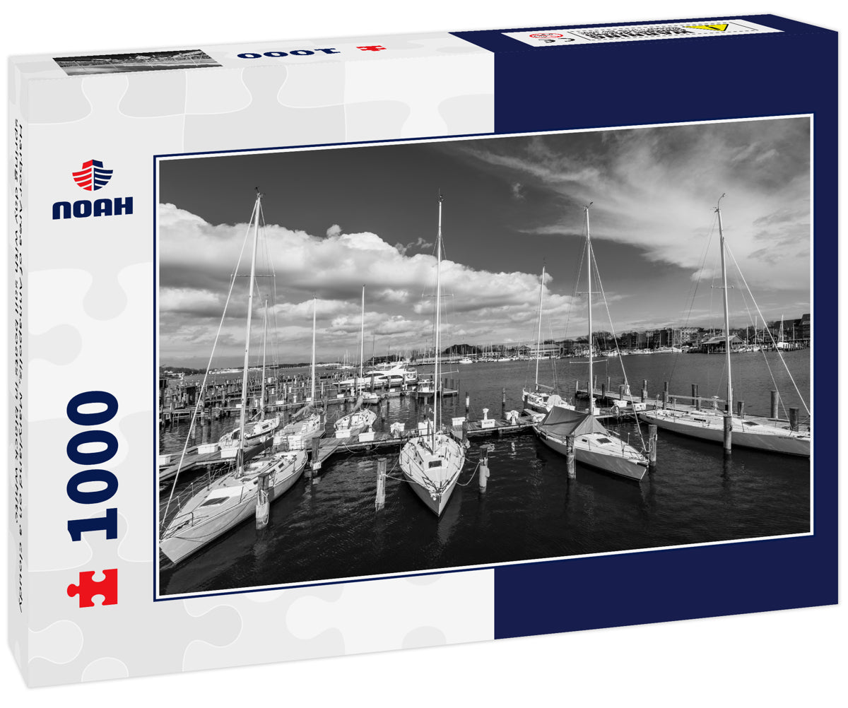 Harbor Area of Annapolis, Maryland on a cloudy spring day with sail boats in black white