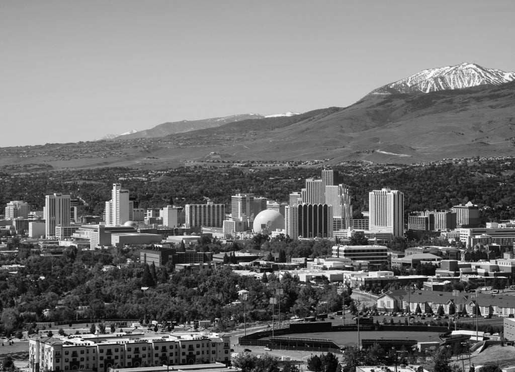 Reno, Nevada skyline in black white