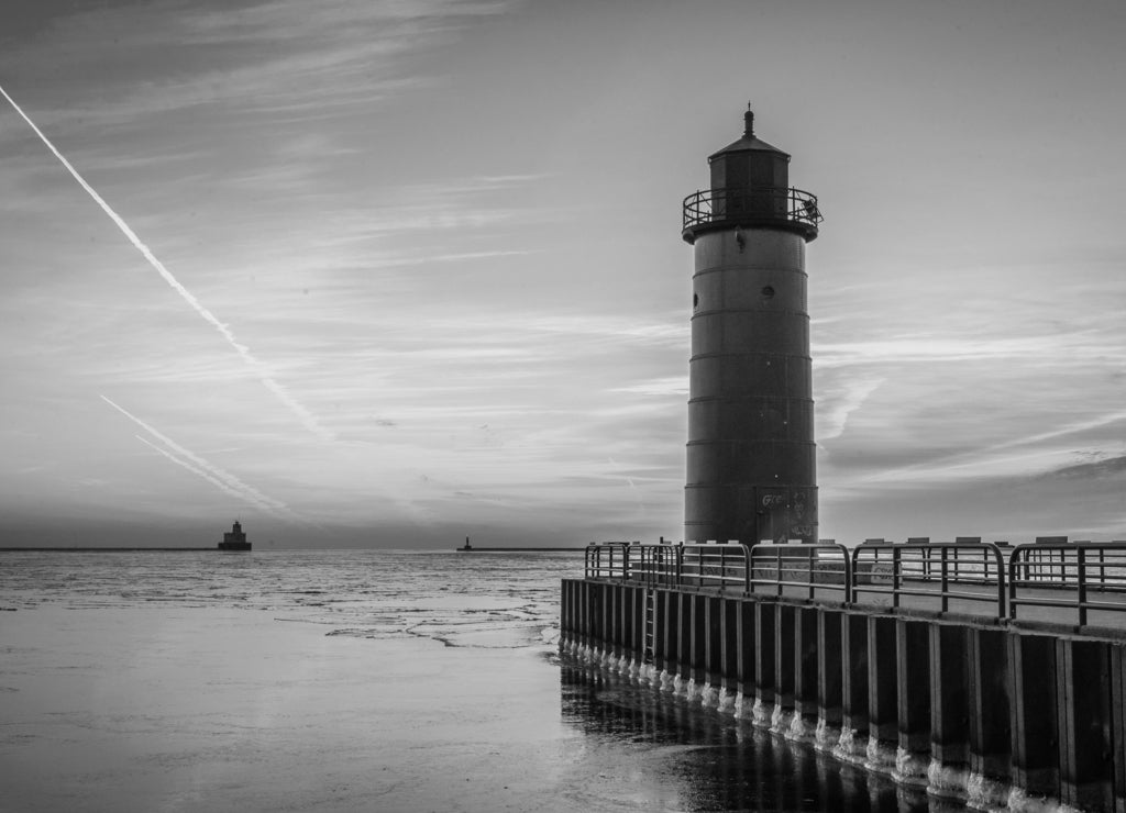 Red Lighthouse at Sunrise, Wisconsin in black white