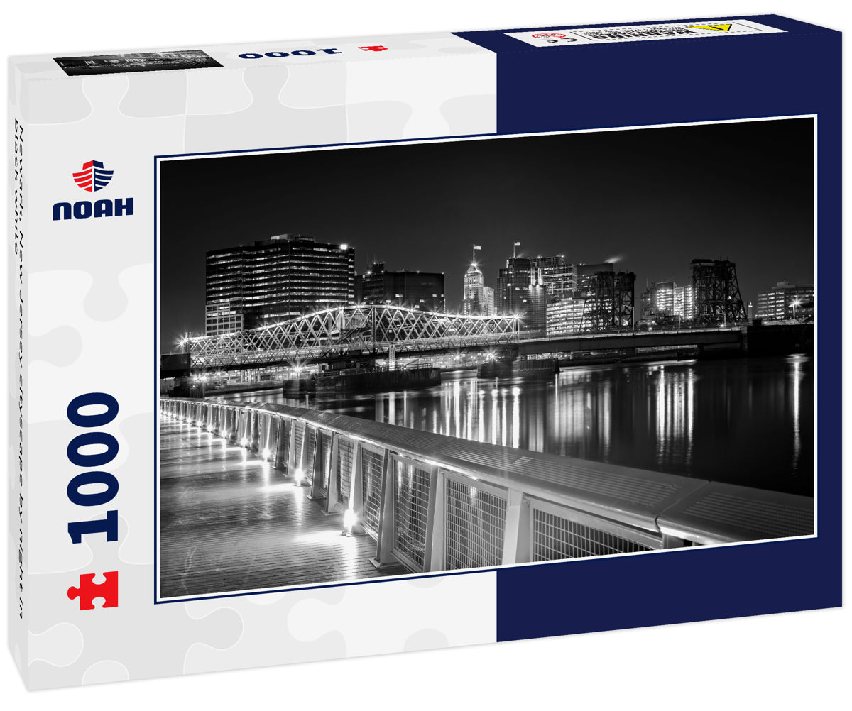 Newark, New Jersey cityscape by night in black white