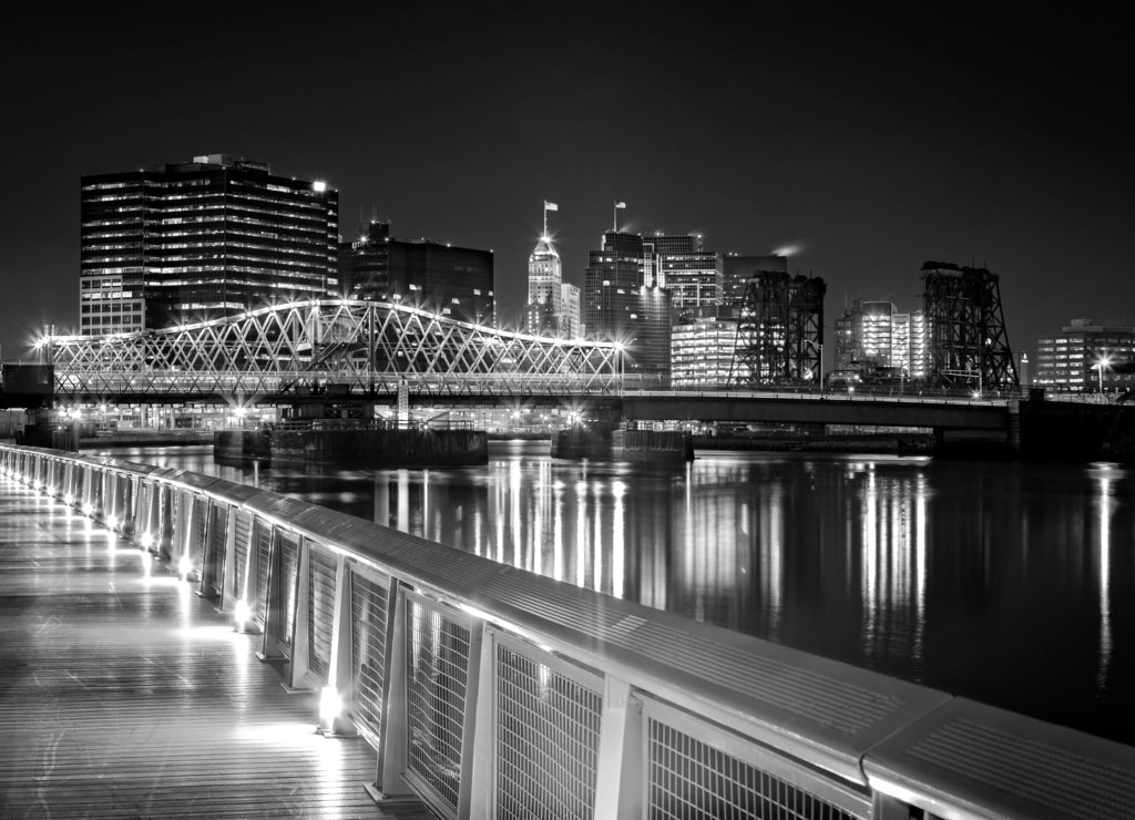 Newark, New Jersey cityscape by night in black white