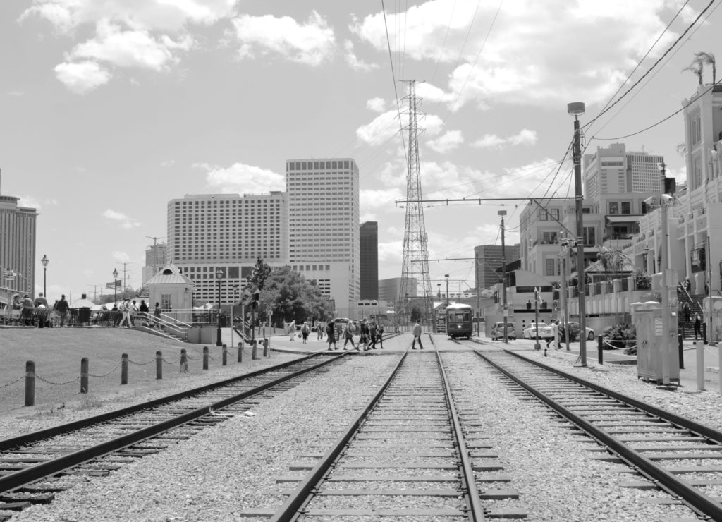 Rail road for Trolley streetcar in New Orleans, Louisiana in black white