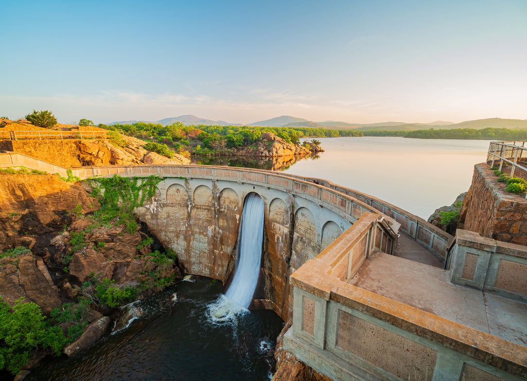 Sunny view of the Quanah Parker Dam of Wichita Mountains Wildlife Refuge, Oklahoma