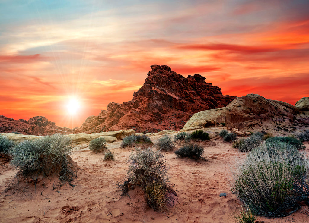 Sunset hiking on the trails in the Valley of Fire State Park near Las Vegas, Nevada, USA