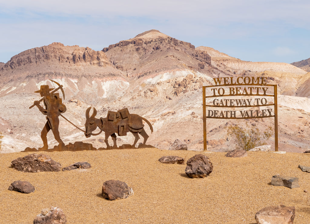 Metal sculpture sign before entering Beatty town, Nevada