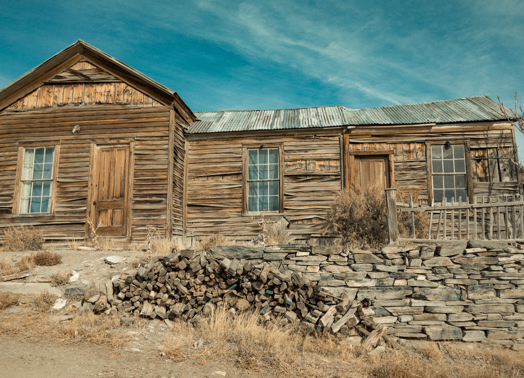 Old weathered wood building in Belmont mining ghost town, Nevada