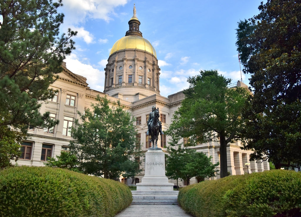 Georgia State Capitol Building and Historic John Brown Gordon Statue in Garden - Atlanta, Georgia, USA