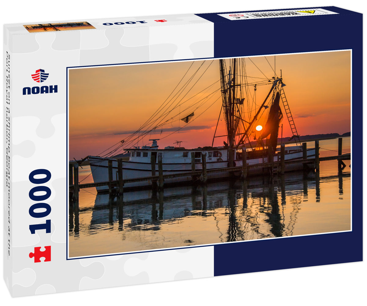 Sunset on a shrimp boat moored at the Port Royal harbor, Georgia
