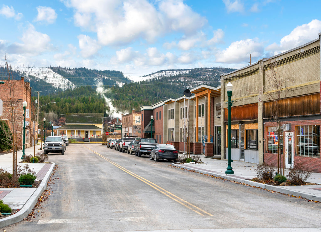 The northwest American historical lumber town of Priest River, Idaho, at winter with snow, in the north panhandle area of Idaho, USA