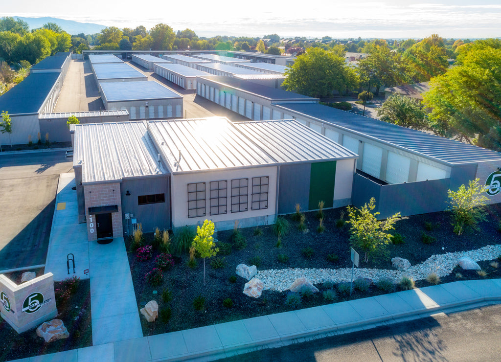 Sunrise aerial view of a mini storage unit business in Idaho