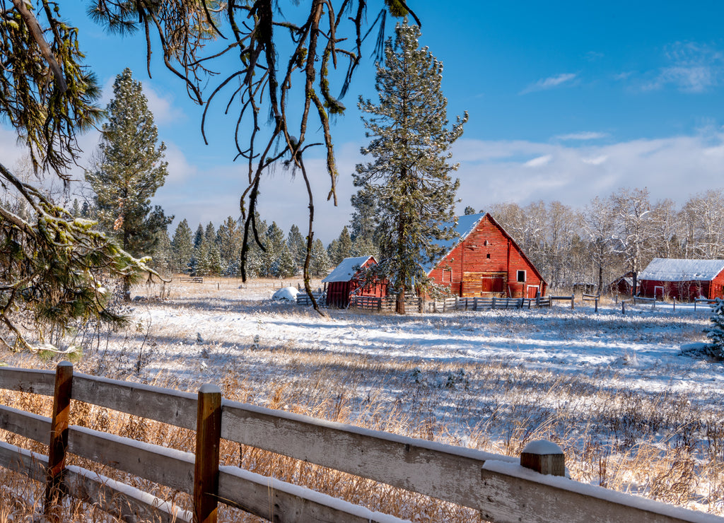 Red barn on a farm winter Idaho