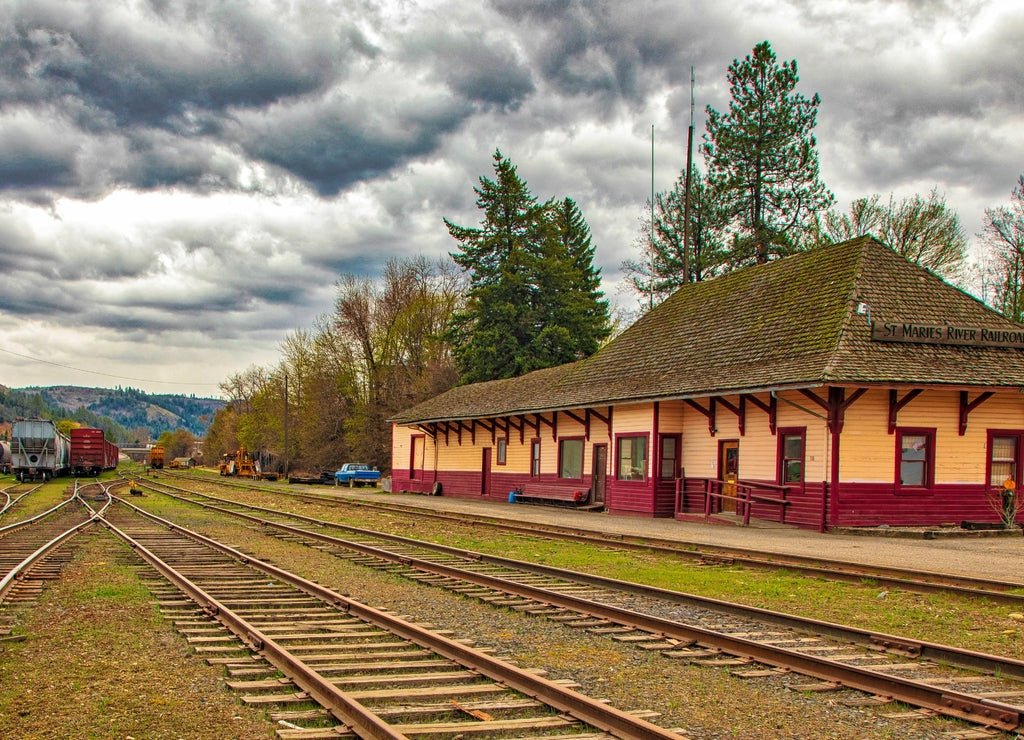 St. Maries railroad station with cloudy sky background, iDaho