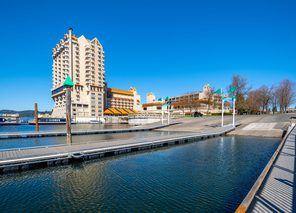 The public boat launch and marina during early spring at Lake Coeur d'Alene, in Coeur d'Alene, Idaho, USA