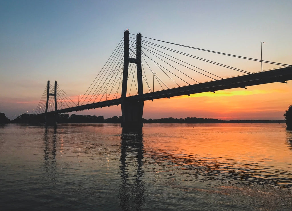 Quincy Illinois Memorial Suspension Bridge at Sunset over Mississippi River