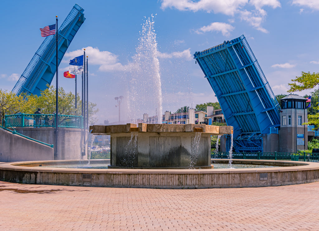Michigan City, Indiana: An iconic view of Washington Park Bridge taken at Millennium Park with a fountain in the foreground