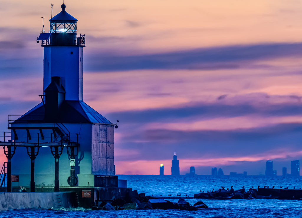 Michigan City, Indiana: Washington Park Iconic Lighthouse during Blue Hour sunset