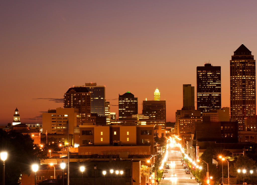 Des Moines - center of insurance industry in US, city skyline at night, Iowa USA