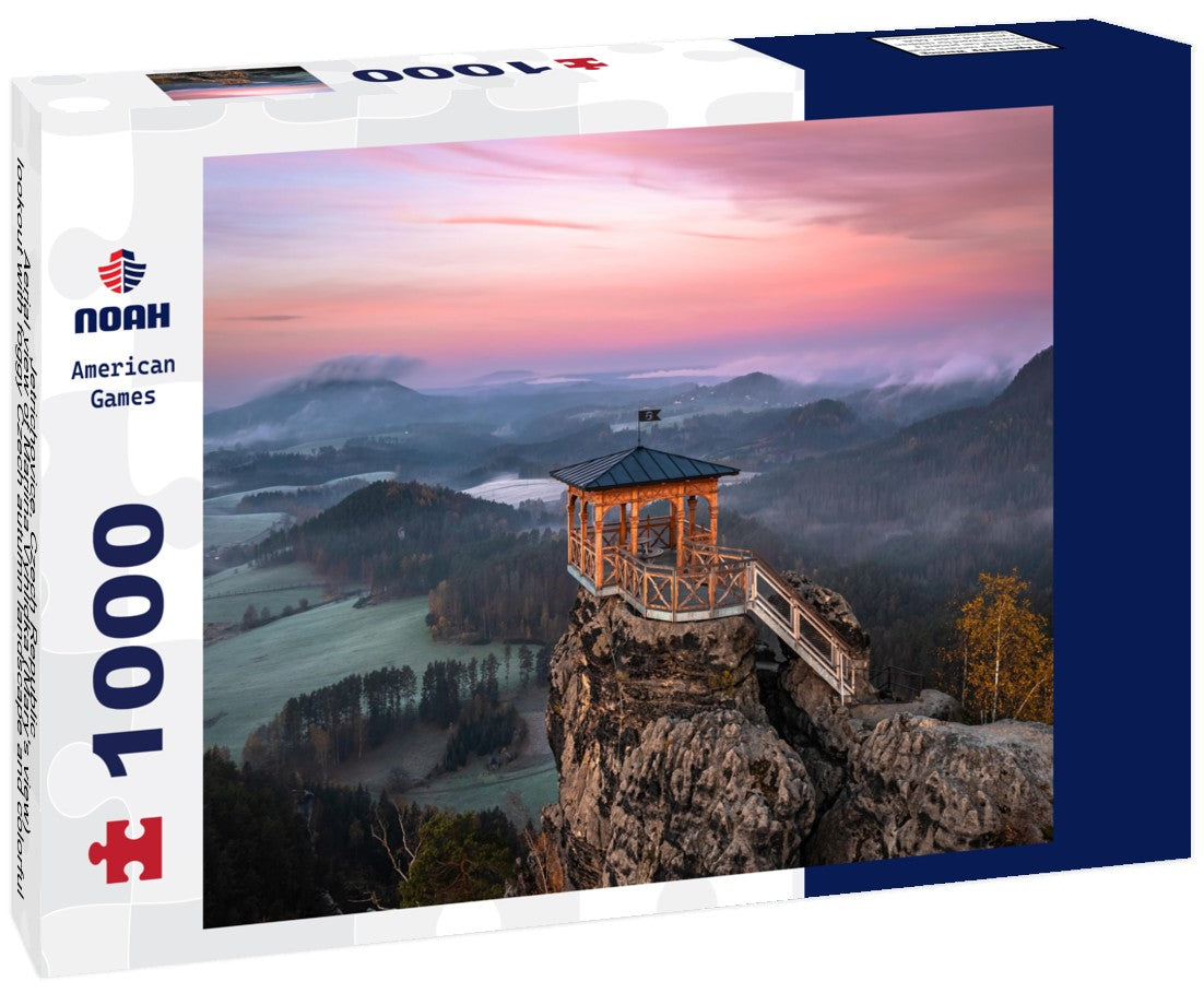 Noah Jigsaw Puzzle Jetrichovice, Czech Republic - Aerial view of Mariina Vyhlidka (Mary's view) lookout with foggy Czech autumn landscape and colorful pink sunrise sky in Bohemian Switzerland National Park 1000 pieces