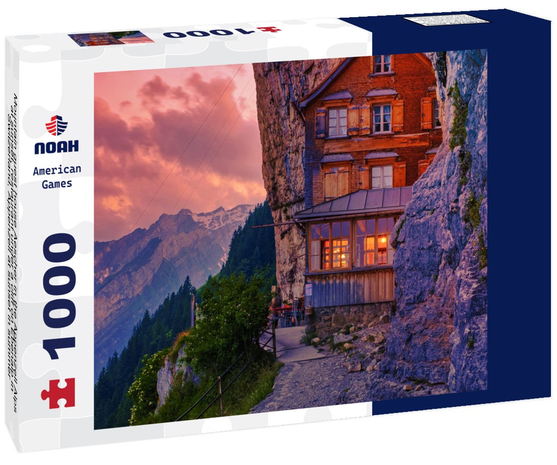 Noah Jigsaw Puzzle Mountain guest house Aescher in the Appenzell Alps at sunset, restaurant under a cliff on Ebenalp in Switzerland, Appenzell at sunset in summer 1000 pieces