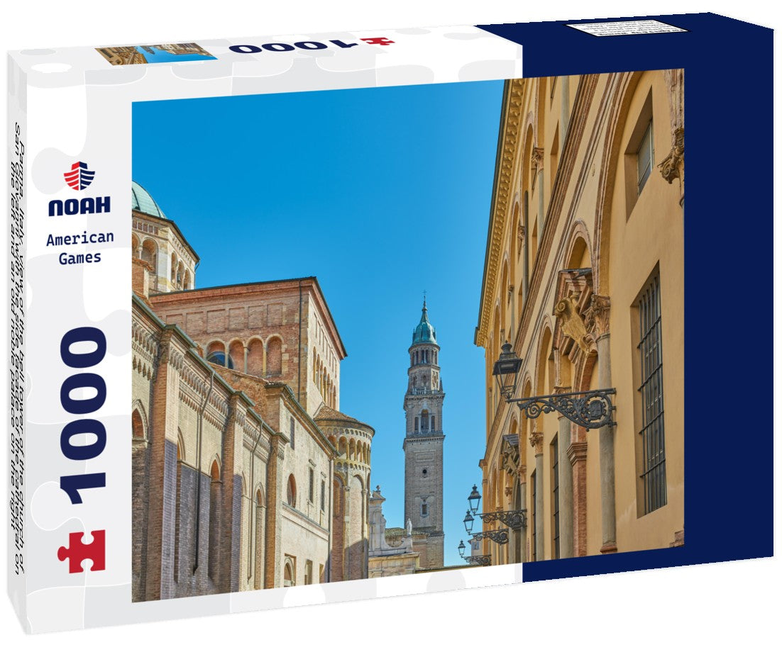 Parma, Italy, view of the bell tower of the church of San Giovanni with the side facade of the cathedral on the left and an old noble palace on the right 1000pc Puzzle