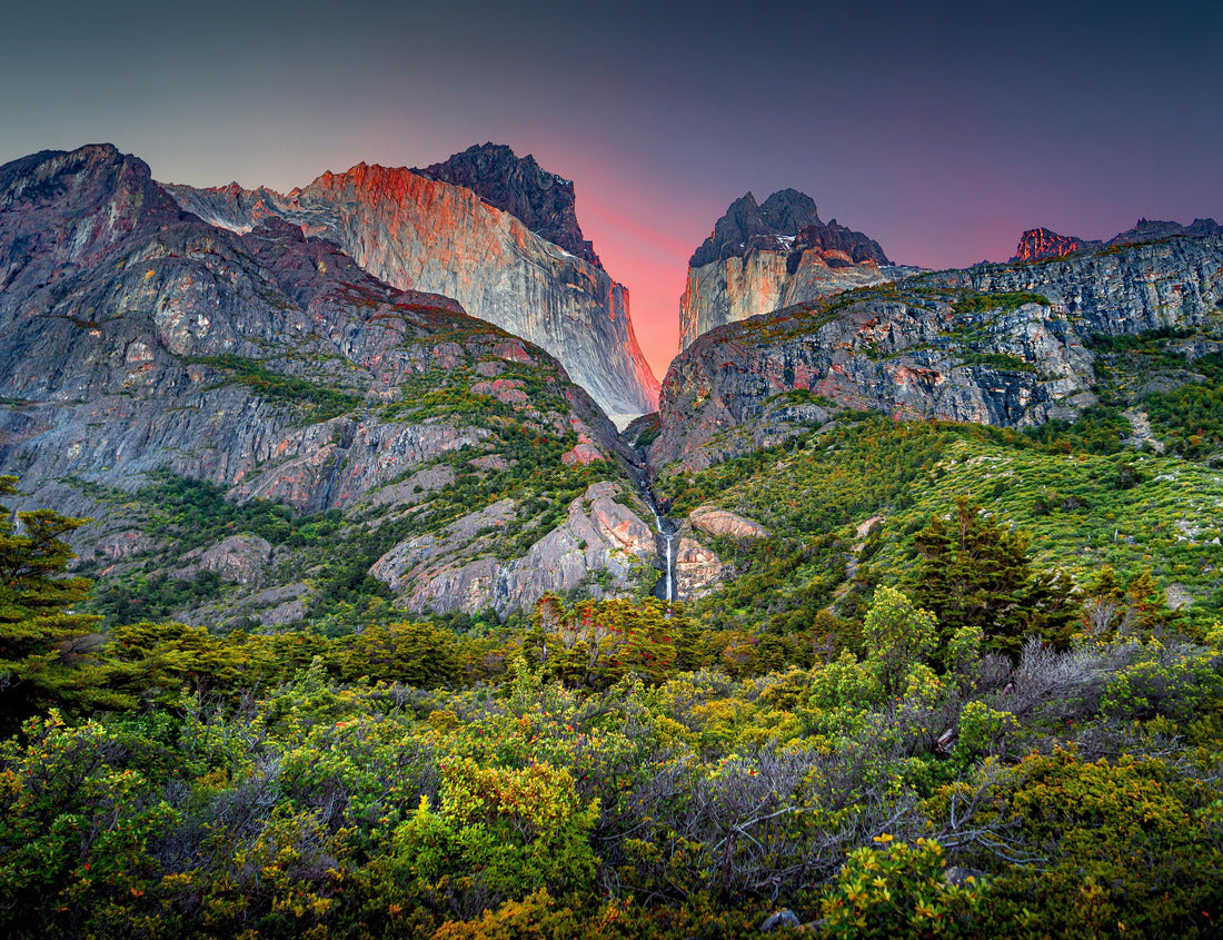 Noah Jigsaw Puzzle Magical colorful sunrise at the main peaks, high tower teeth and waterfall nearby, surrounded by wet austral forests in Torres del Paine National Park, Patagonia, Chile 1000 pieces