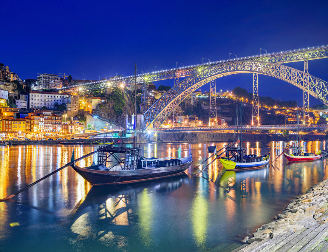 Porto, Portugal Old Town skyline on the Douro River with Rabelo boats at night 1000pc Puzzle