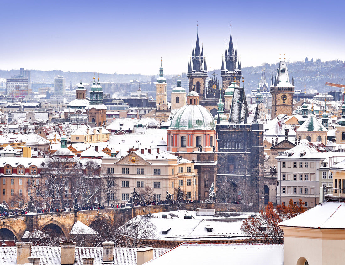 Snow in Prague, rare cold winter conditions. Prague Castle in Czech Republic, snowy weather with trees. City landscape from beautiful town 1000pc Puzzle