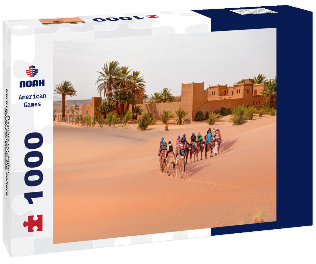 Tourists on safari - Caravan of camel in the sahara desert of Morocco - General view of the Merzouga hotels district - Morocco, Africa 1000pc Puzzle
