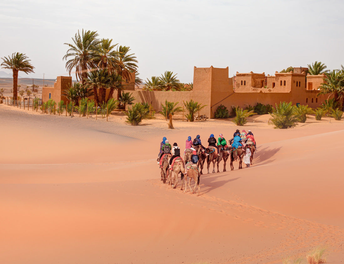 Tourists on safari - Caravan of camel in the sahara desert of Morocco - General view of the Merzouga hotels district - Morocco, Africa 1000pc Puzzle