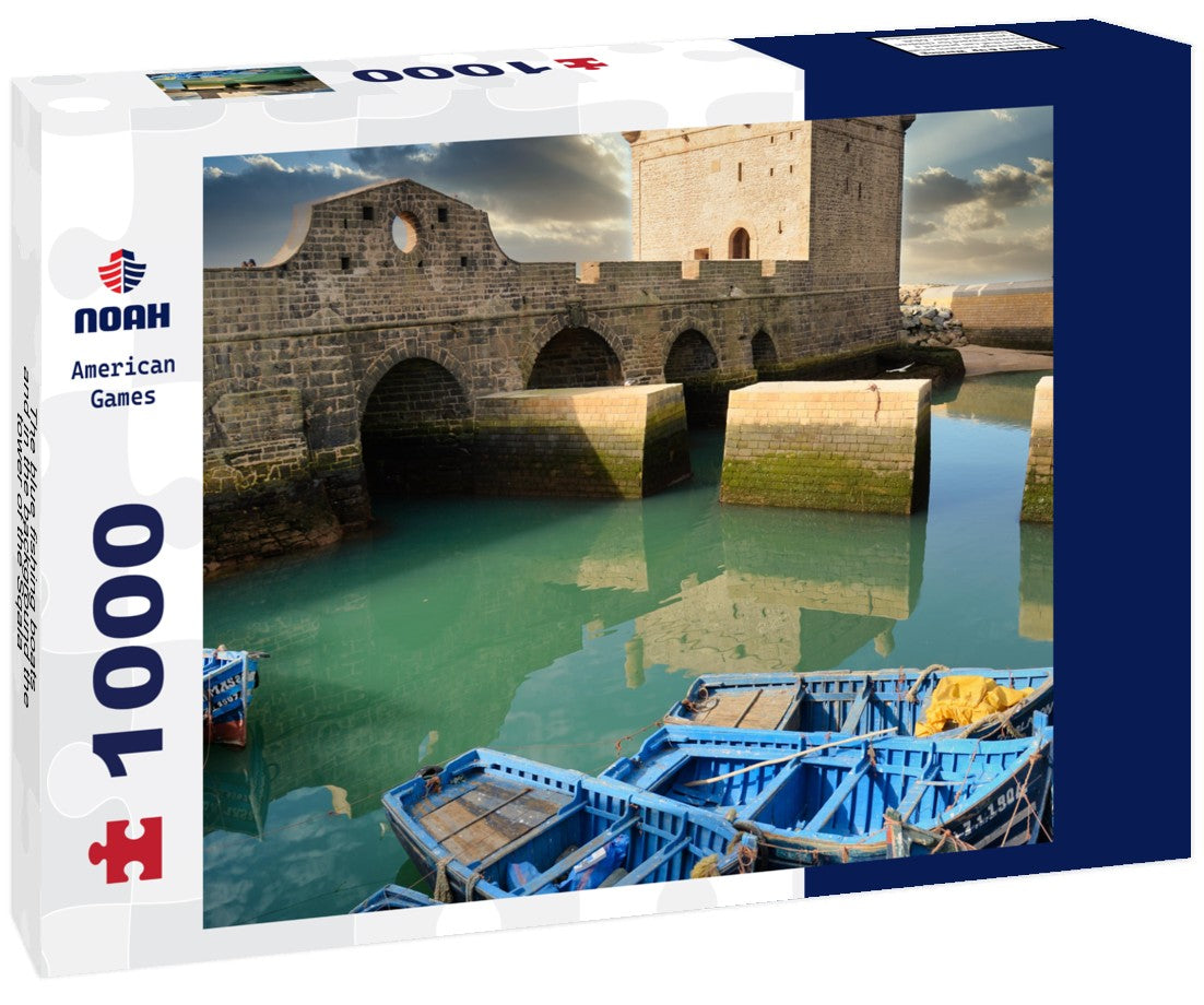 The blue fishing boats and in the background the tower of the Sqala, Essaouira, Morocco 1000pc Puzzle