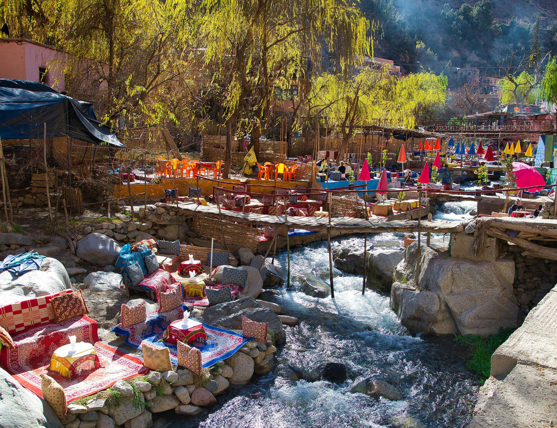 Setti Fatma, Ourika Valley, Morocco; 27th december 2023: colourful outdoor restaurants with tables overlooking the river 1000pc Puzzle
