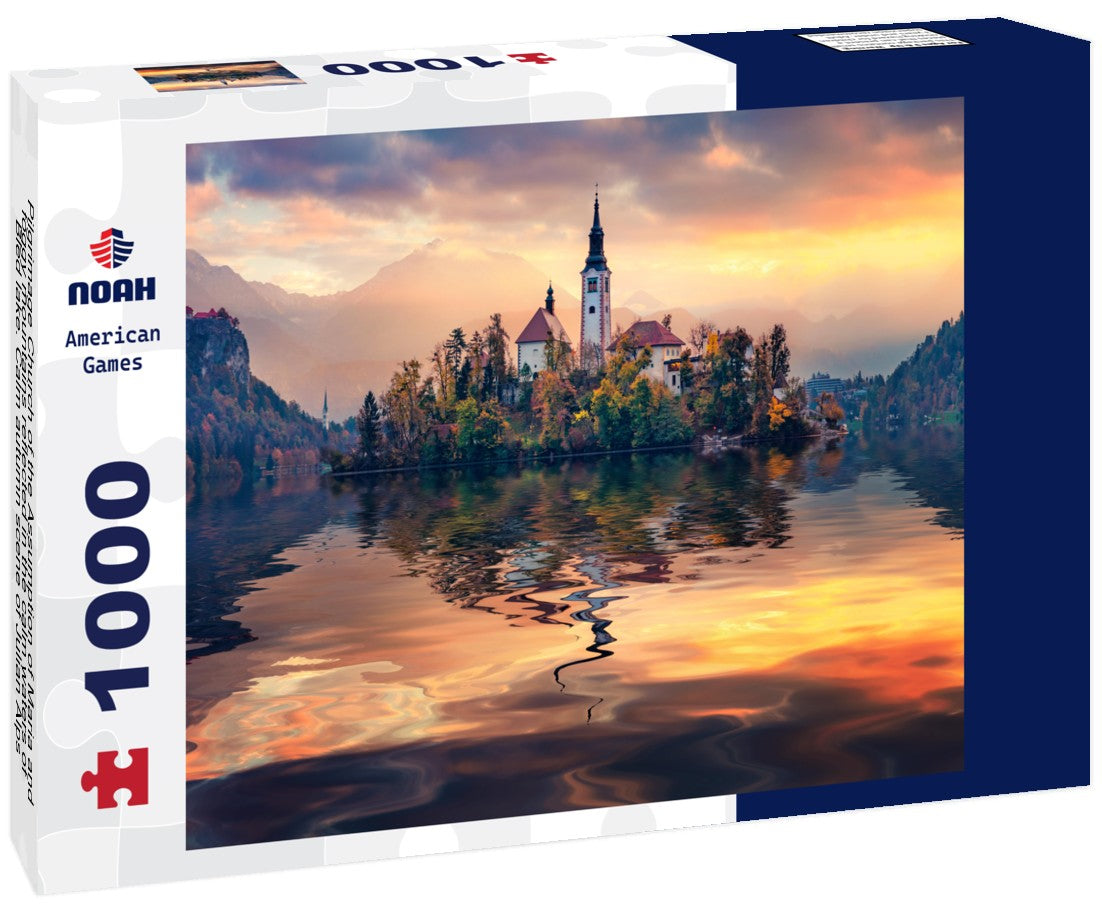 Pilgrimage Church of the Assumption of Maria and foggy mountains reflected in the calm waters of Bled lake. Calm autumn scene of Julian Alps 1000pc Puzzle