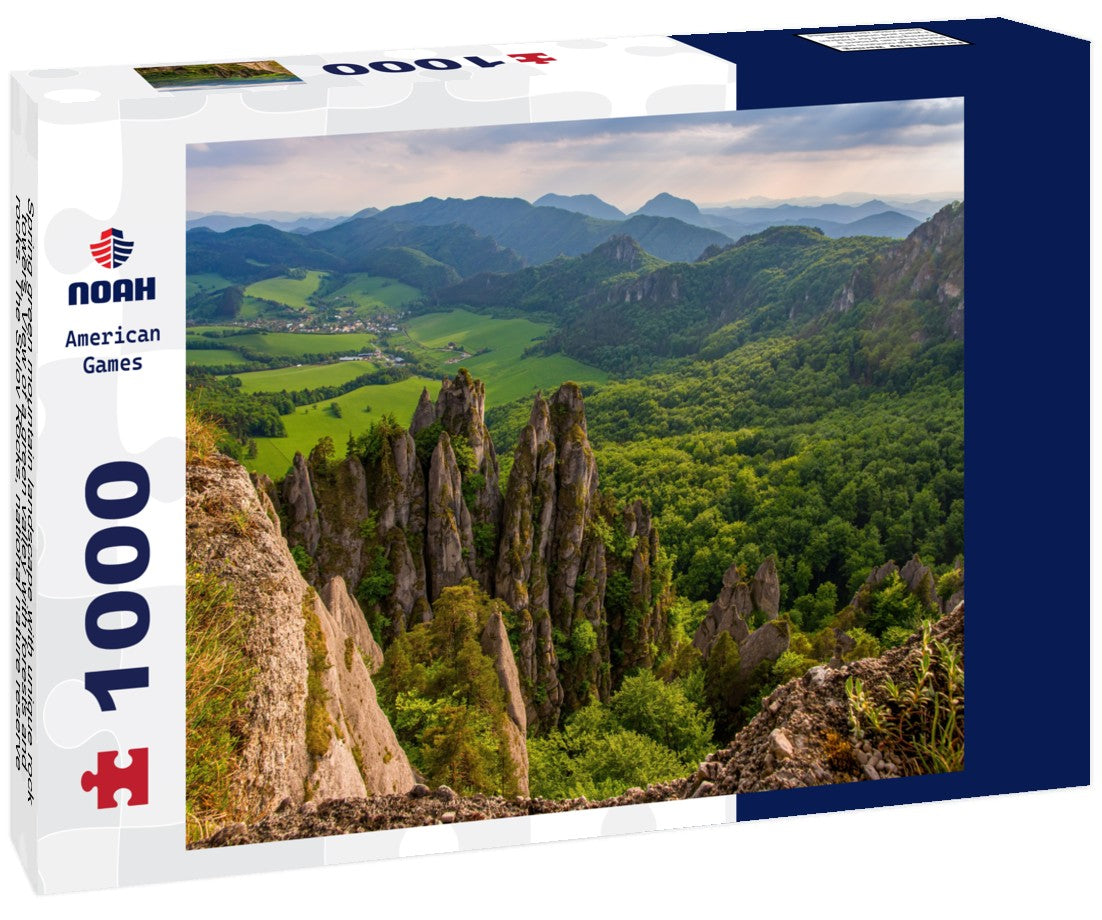 Spring green mountain landscape with unique rock towers. View of a green valley with forests and rocks. The Sulov Rocks, national nature reserve in northwest of Slovakia, Europe 1000pc Puzzle