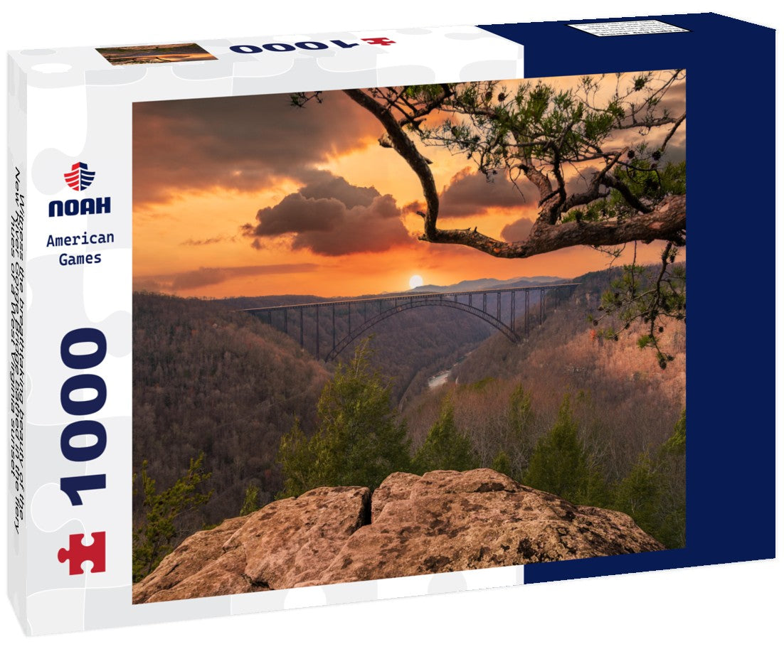 Witness the breathtaking beauty of the New River Gorge Bridge bathed in the fiery hues of a West Virginia sunset 1000pc Puzzle